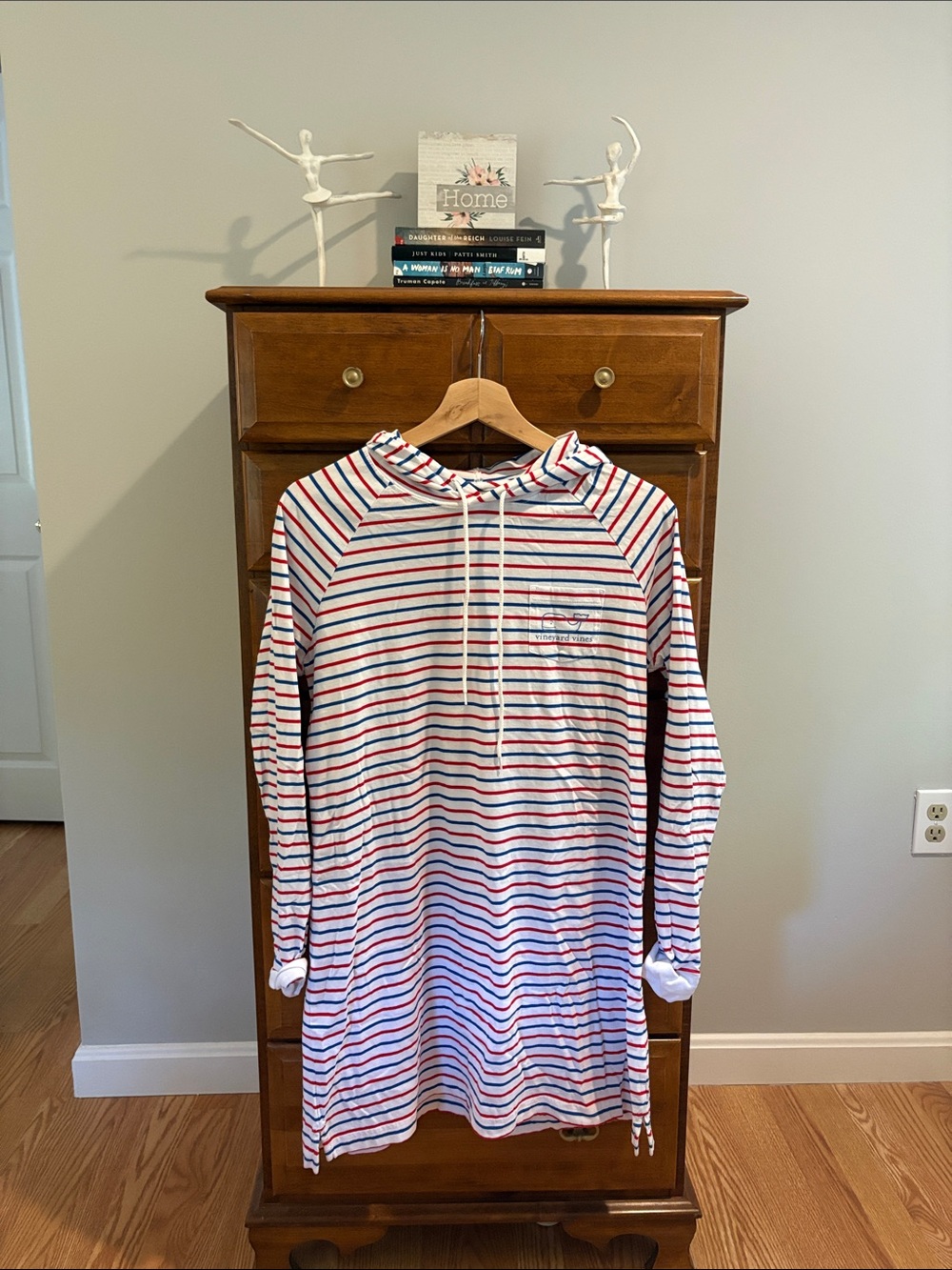 Vineyard Vines Kids Hooded Nightshirt - White with Red & Blue Stripes